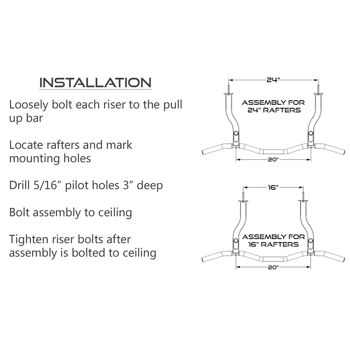 Ceiling Mount Pull Up Bar with Reversible Risers for 16 and 24 Inch Joists with Optimum