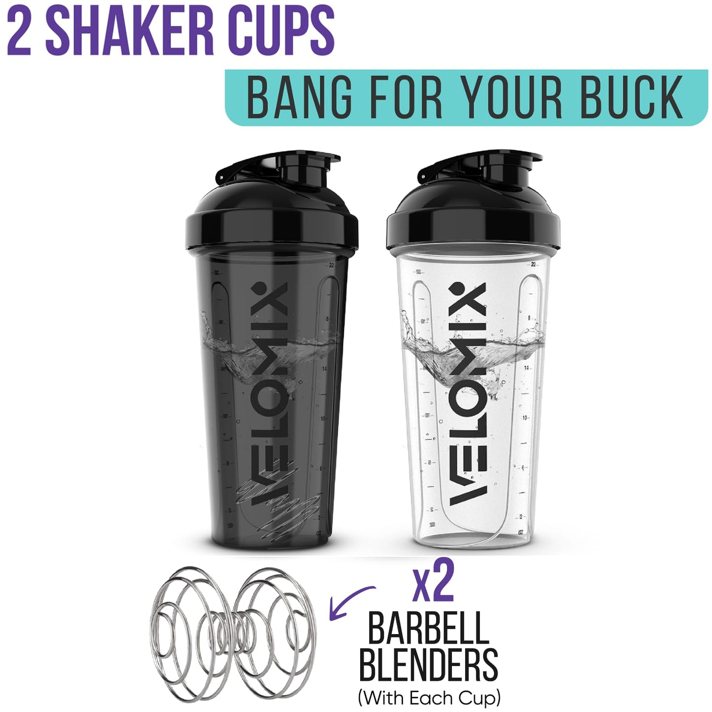 2 Pack- 28 oz Protein Shaker Bottles for Protein Mixes - 2x Wire Whisk