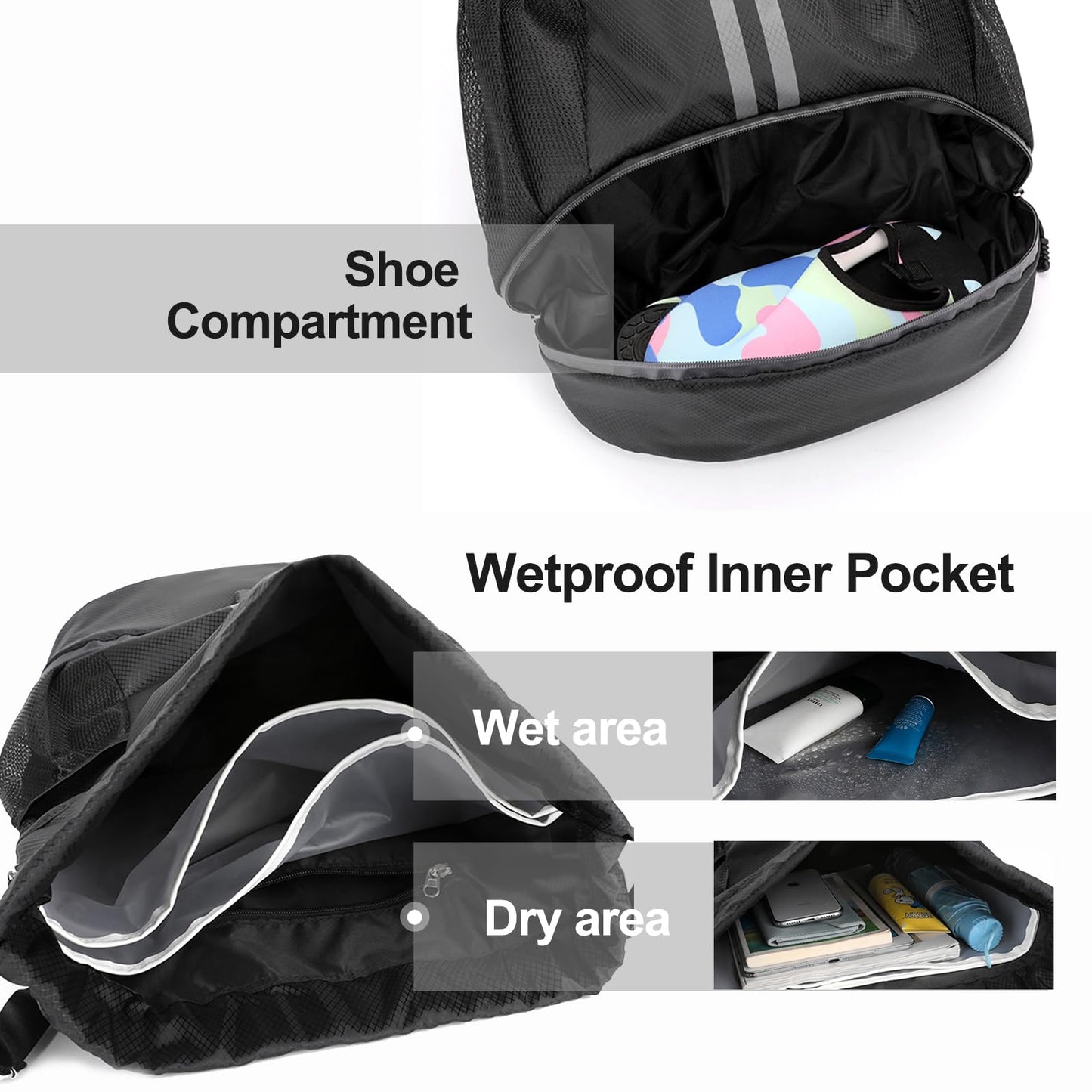 Hoedia Sports Drawstring Backpack - String Swim Gym Bag with Shoes