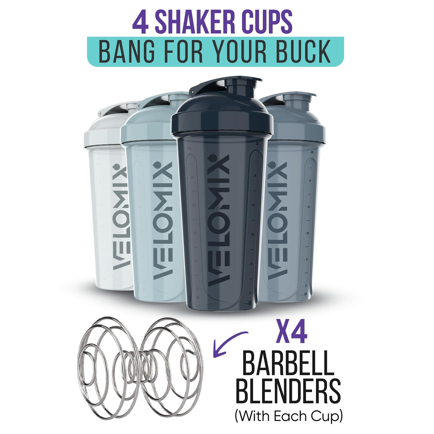 4 PACK- 28 oz Shaker Cups for Protein Shakes - 4x Wire Whisk | Leak Proof Protein Shaker