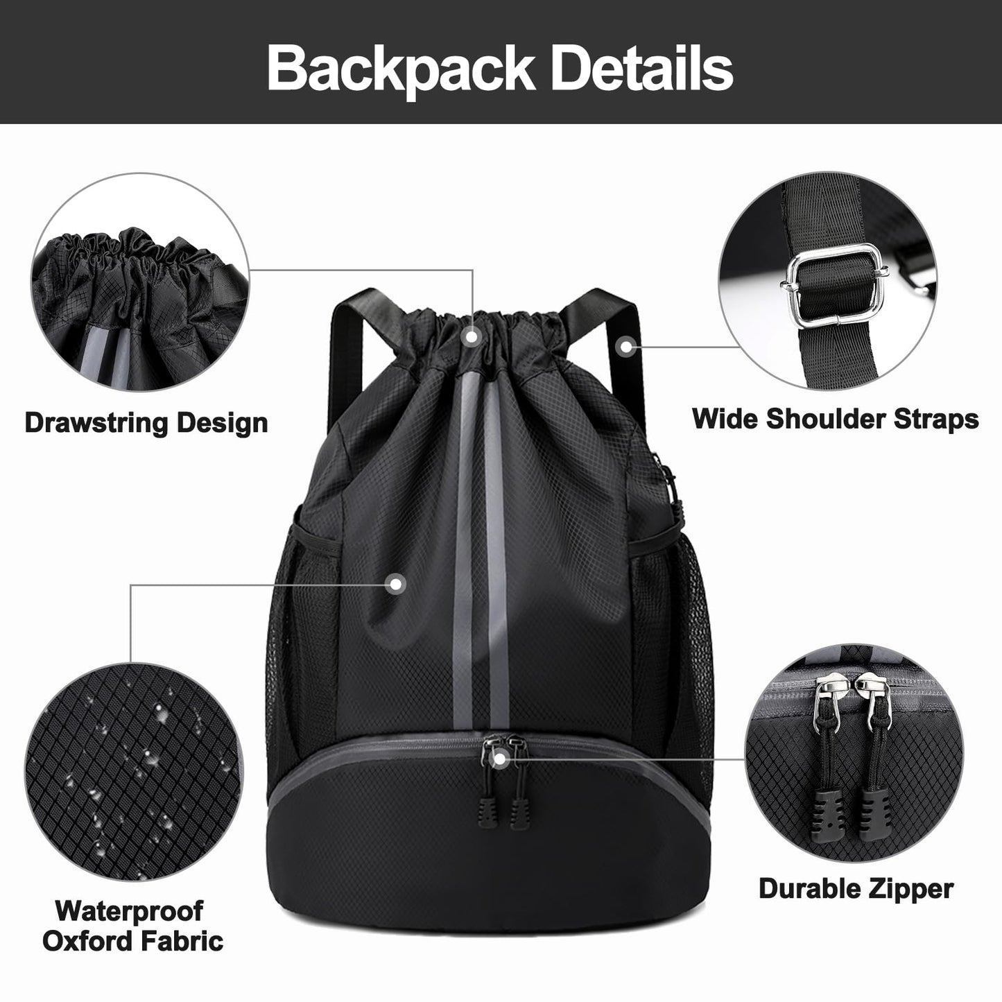 Hoedia Sports Drawstring Backpack - String Swim Gym Bag with Shoes