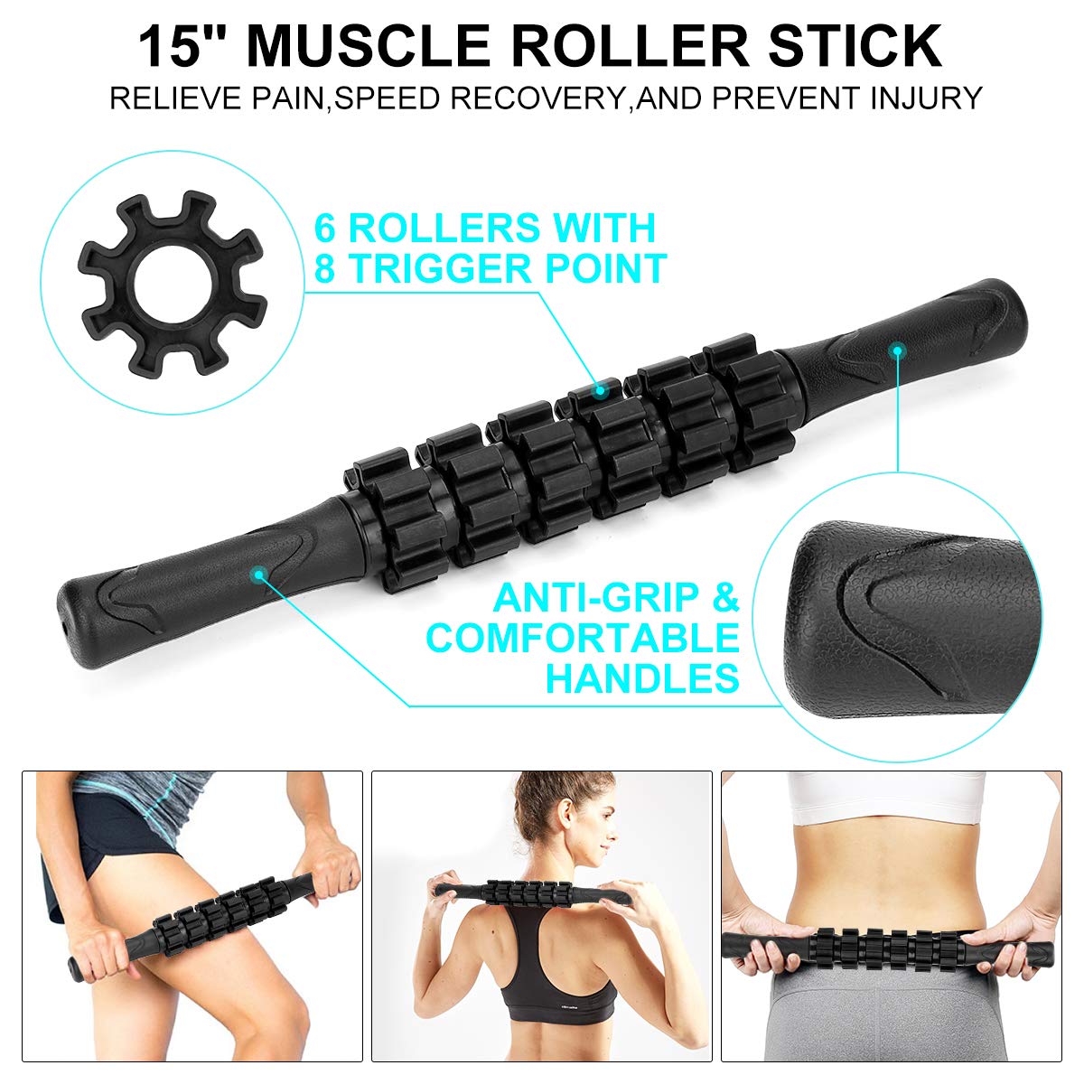 Foam Roller Set - High Density Back Roller, Muscle Roller Stick Stretching Strap