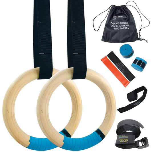 Wooden Gymnastic Rings 1600Ibs Capacity with Loop Bands – 15ft Woven