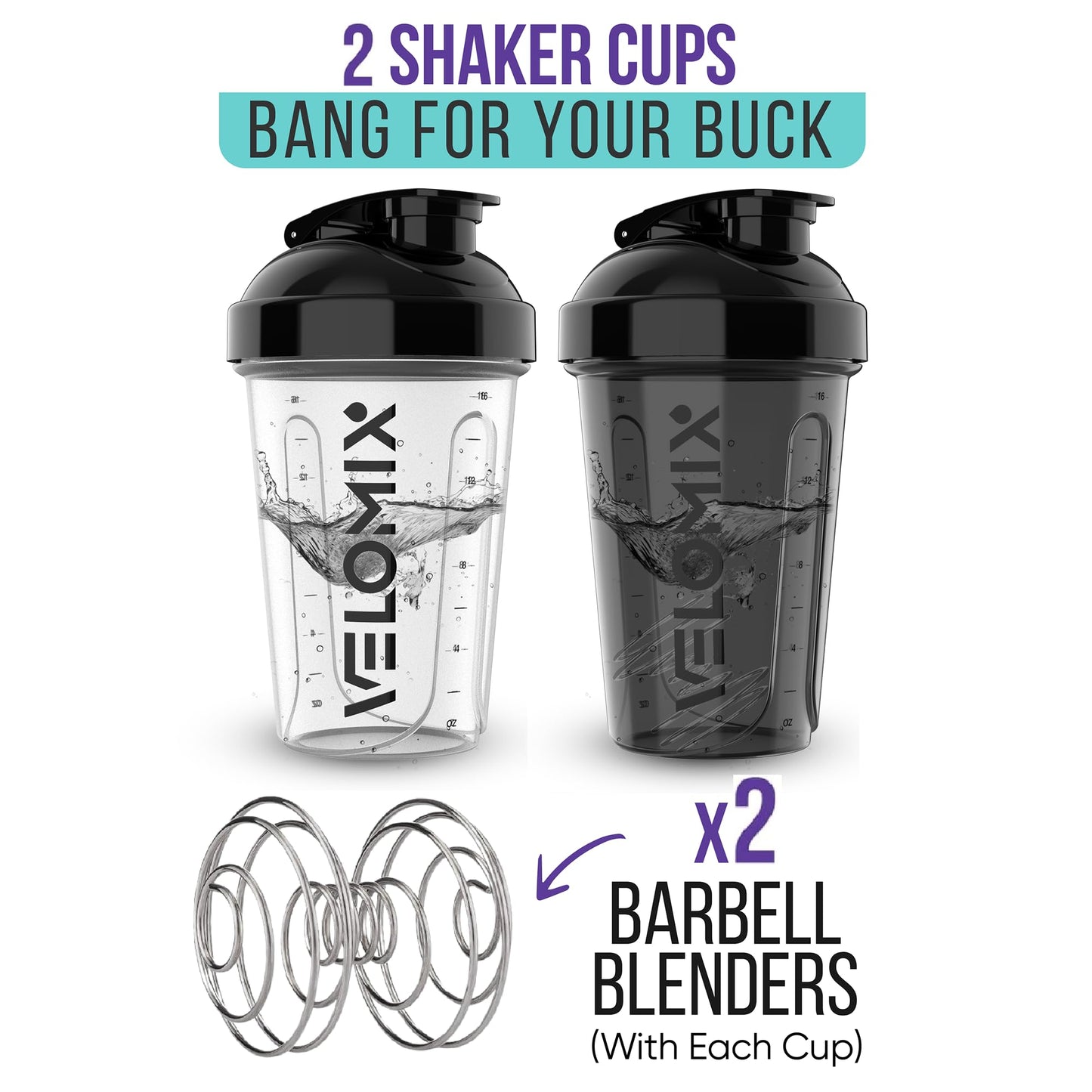 2 Pack- 20 oz Protein Shaker Bottles for Protein Mixes - 2x Wire Whisk