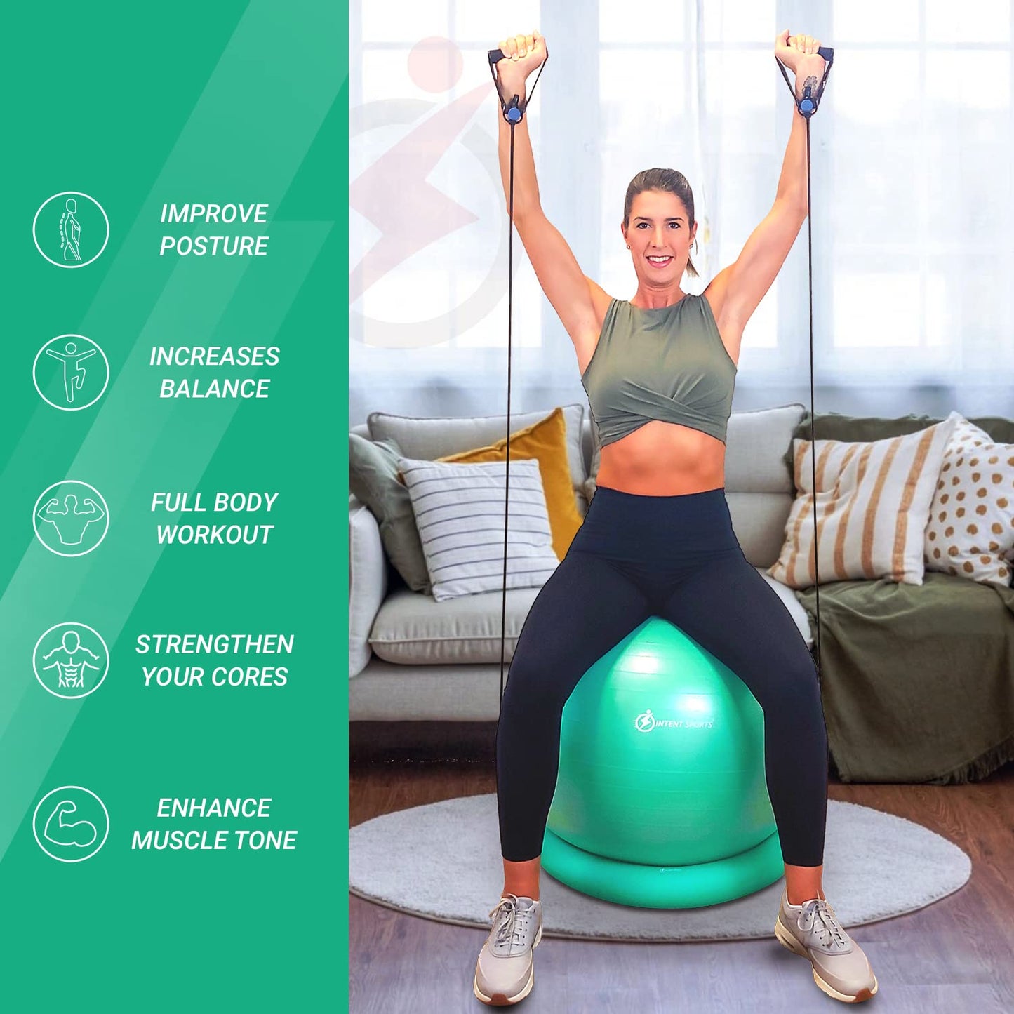 Yoga Ball Chair – Stability Ball with Inflatable Stability Base & Resistance Bands