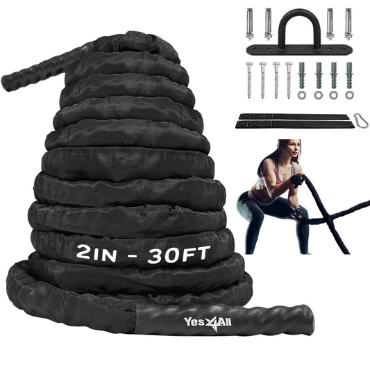 Battle Rope with Protective Cover – Steel Anchor & Strap Included - Poly Dacron 2in