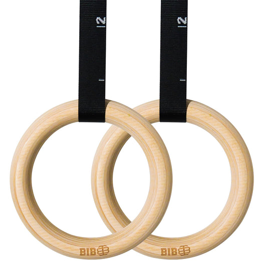 Wooden Gymnastic Rings with Adjustable Straps, 15ft Long, Numbered Straps