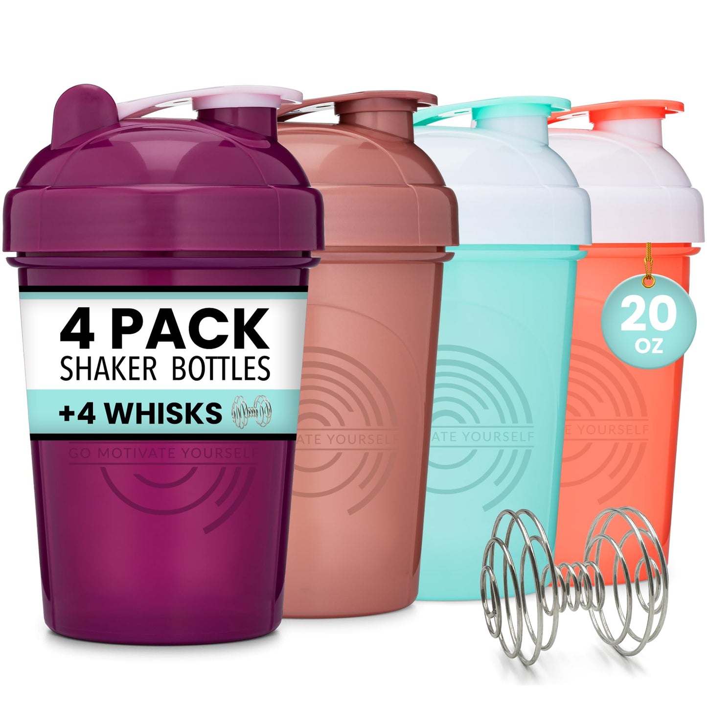 4-Pack - 20 Ounce Shaker Bottle, Protein Shaker Wire Whisk x4, Bulk Protein Drink