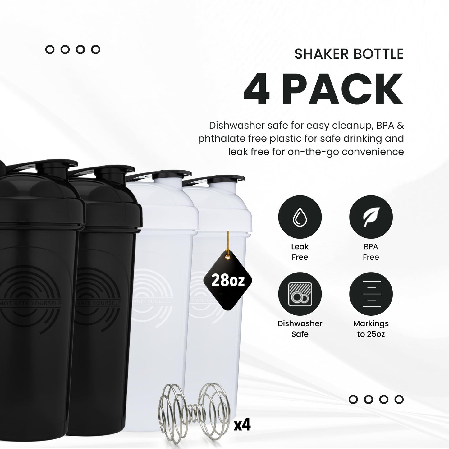 4-Pack - 28 Ounce Shaker Bottle, Protein Shaker Wire Whisk x4