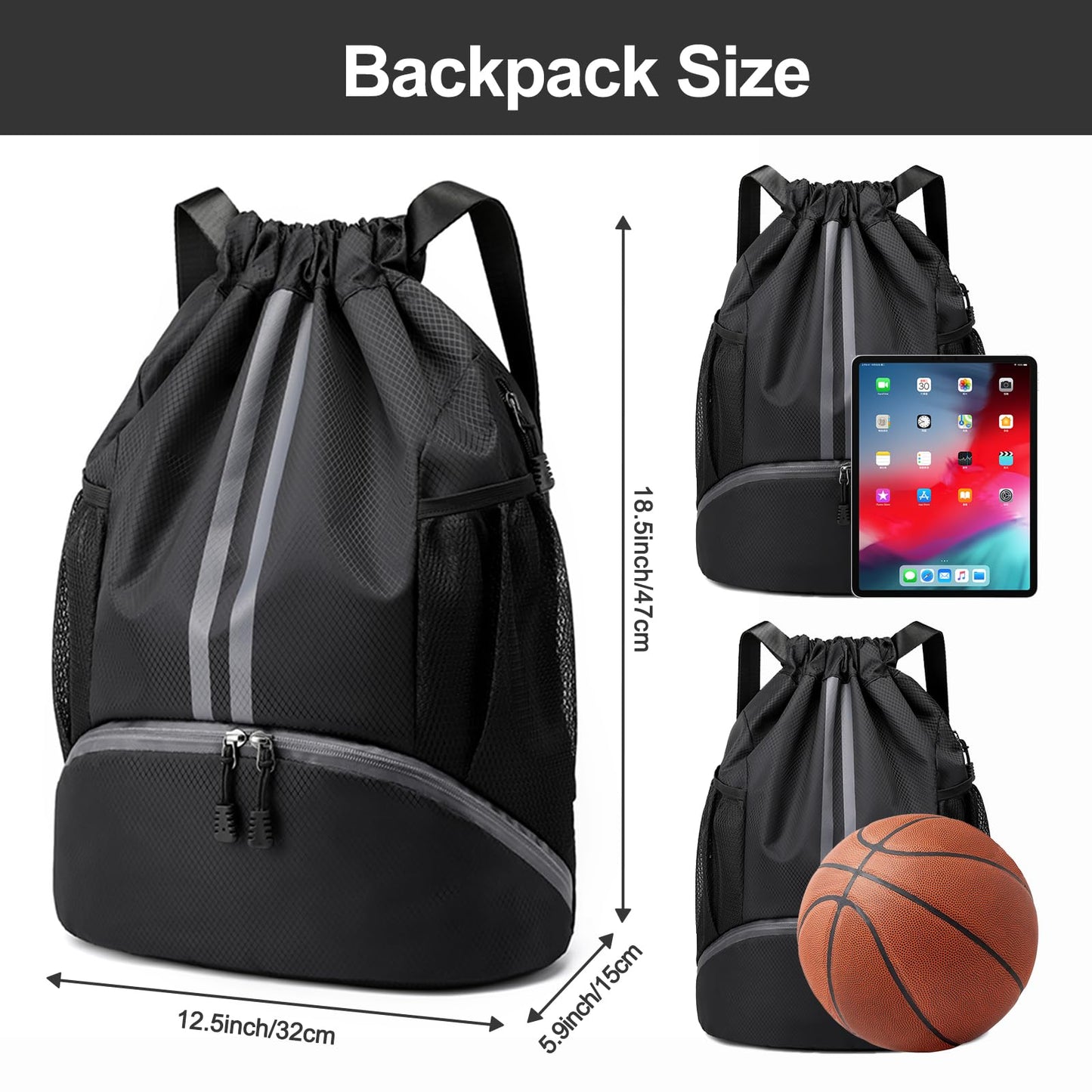 Hoedia Sports Drawstring Backpack - String Swim Gym Bag with Shoes