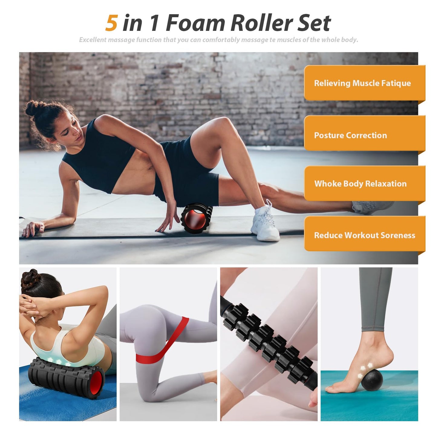 5 in1 Foam Roller Set, Trigger Point Foam Rollers Massage Ball, Resistance Band