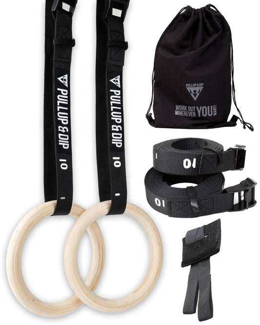 Premium Gymnastic Rings, Wooden Gym Rings for Calisthenics - Wide Straps