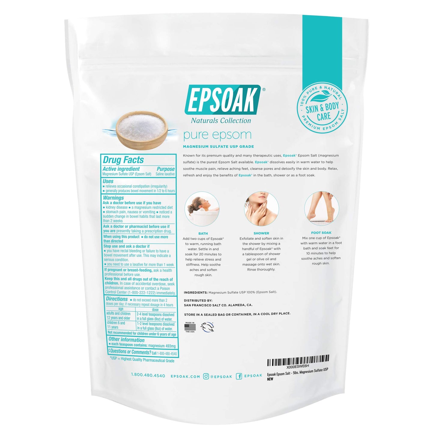 Epsoak Epsom Salt 10 lb. Magnesium Sulfate USP. (Qty. 2 x 5lb. Bags)