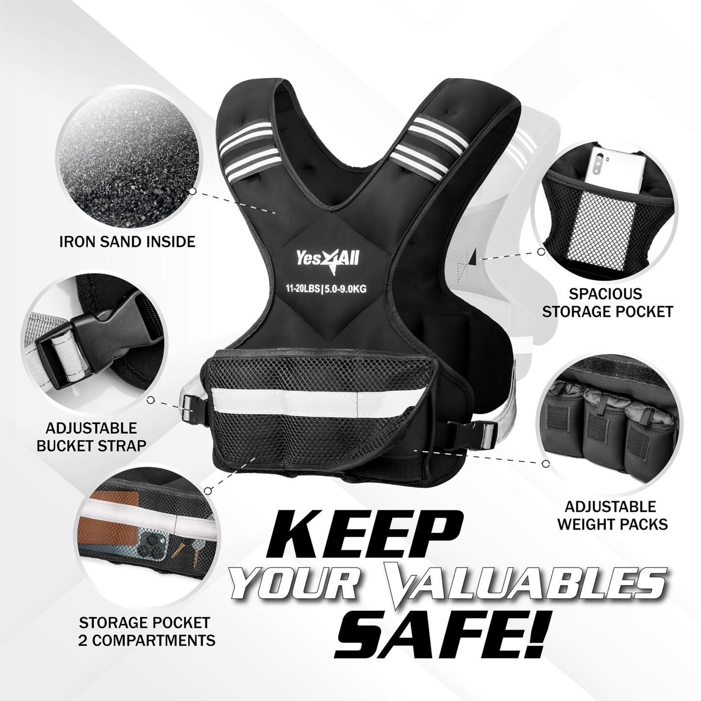 Adjustable Weighted Vest 11-20lbs with Reflective Strip, Large Weight Vest for Strength