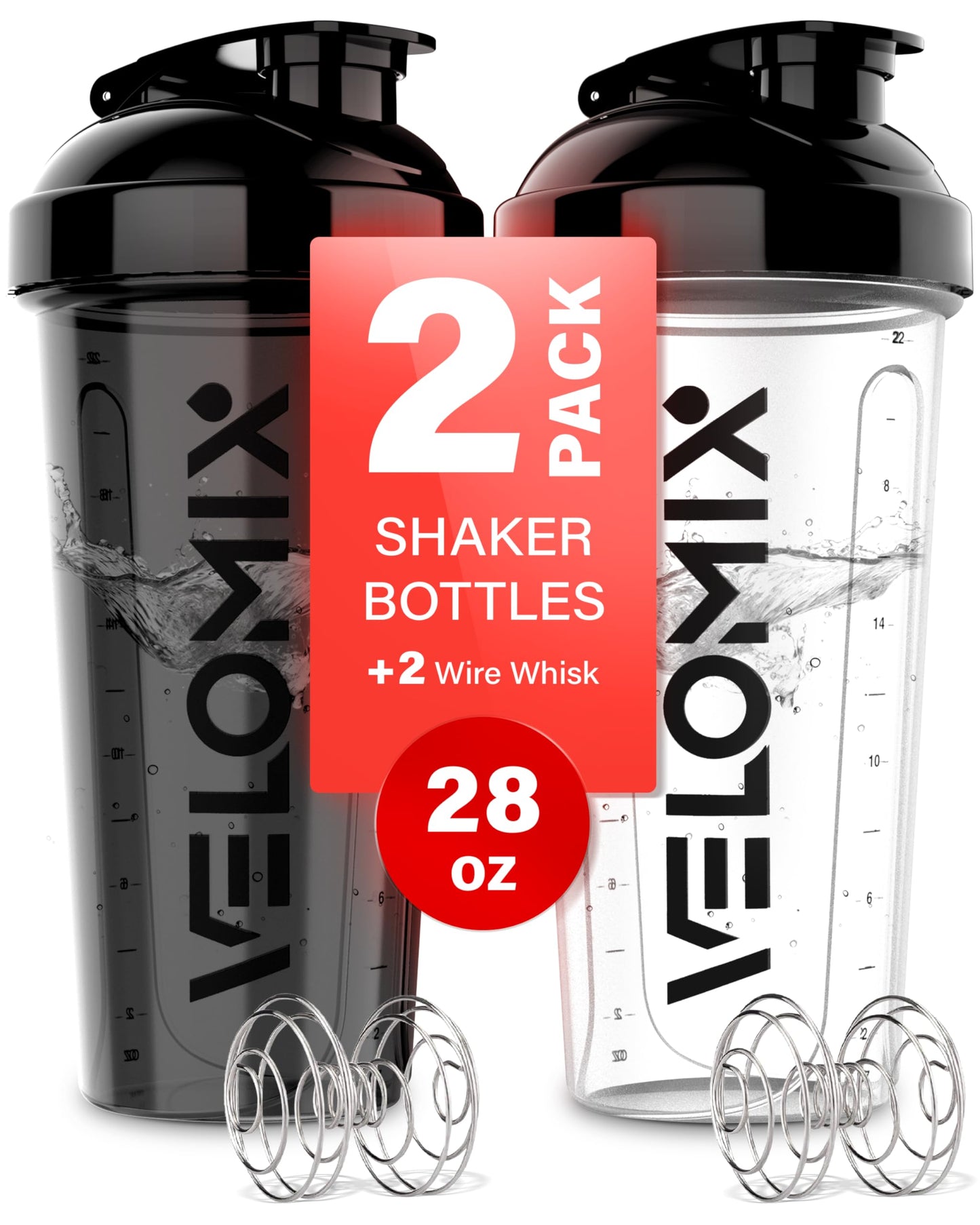 2 Pack- 28 oz Protein Shaker Bottles for Protein Mixes - 2x Wire Whisk