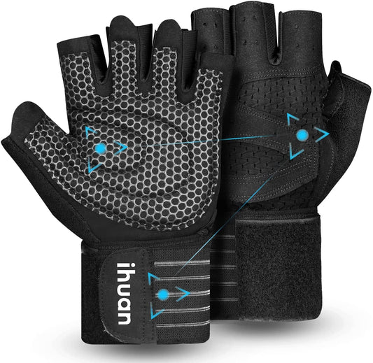 ihuan Ventilated Weight Lifting Gym Workout Gloves with Wrist Wrap