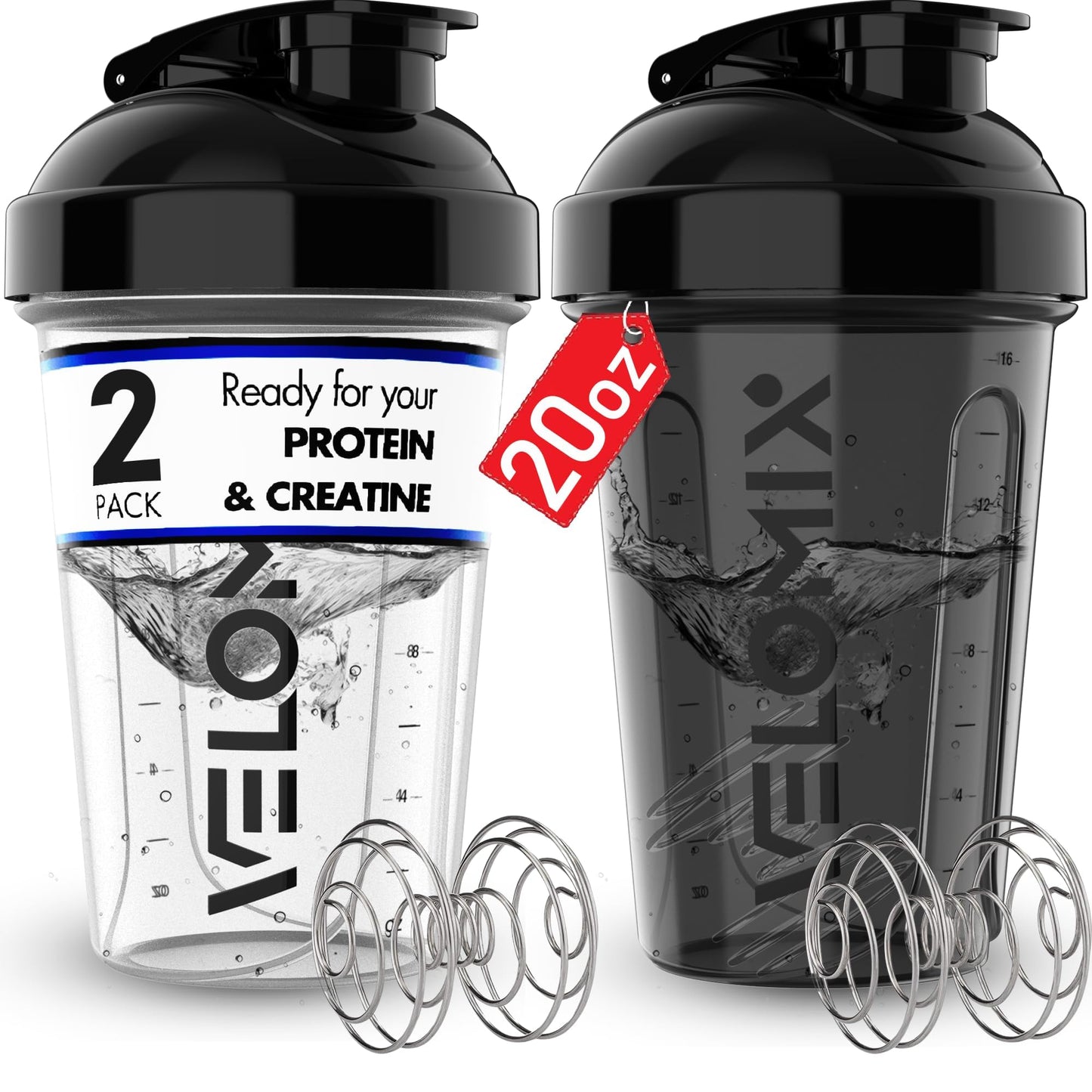 2 Pack- 20 oz Protein Shaker Bottles for Protein Mixes - 2x Wire Whisk