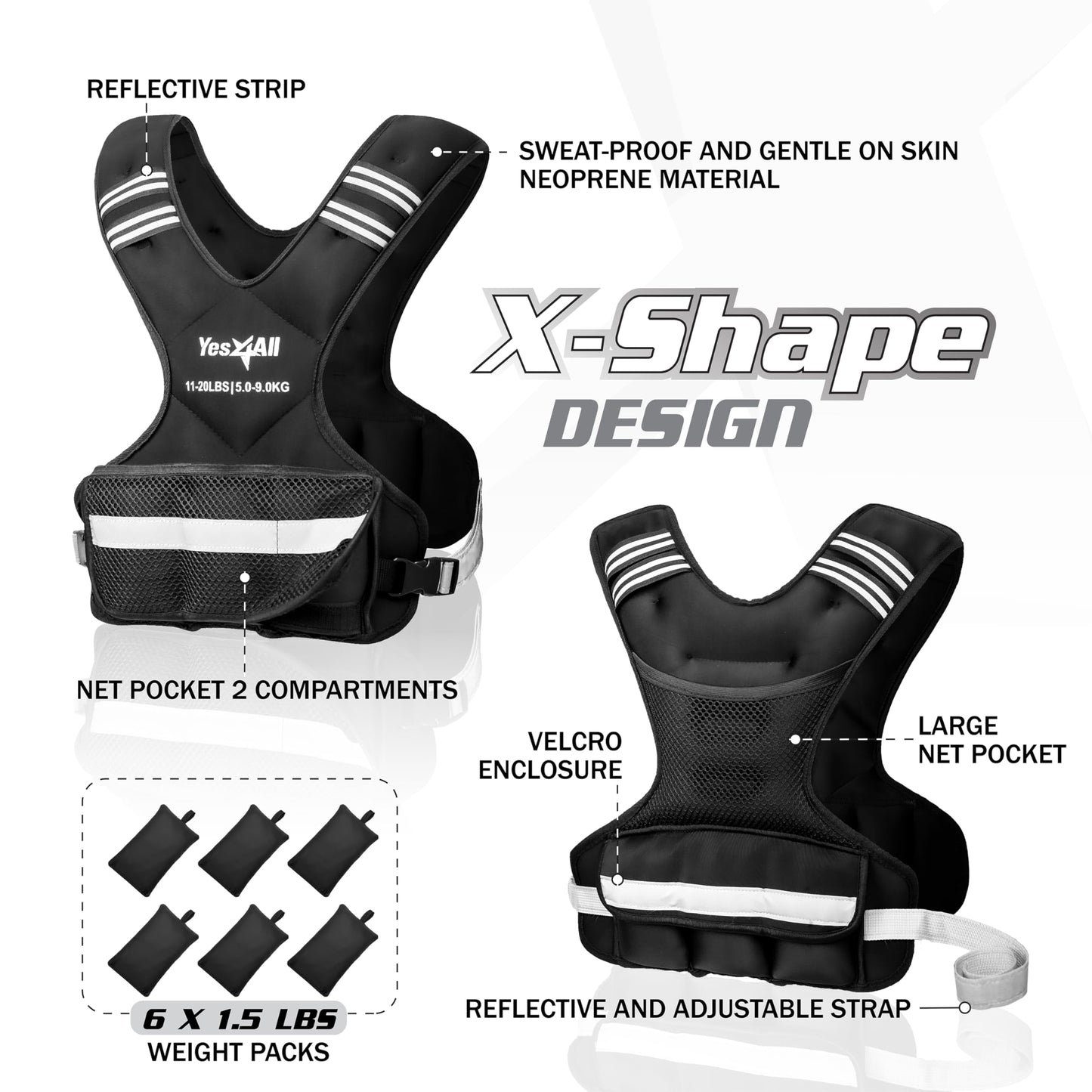 Adjustable Weighted Vest 11-20lbs with Reflective Strip, Large Weight Vest for Strength