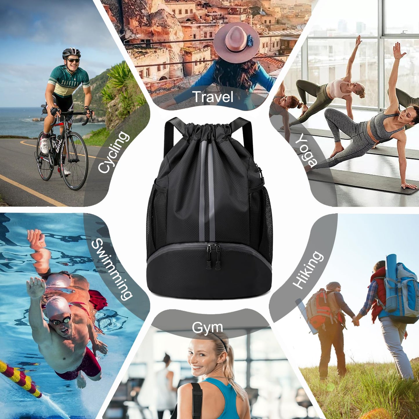 Hoedia Sports Drawstring Backpack - String Swim Gym Bag with Shoes