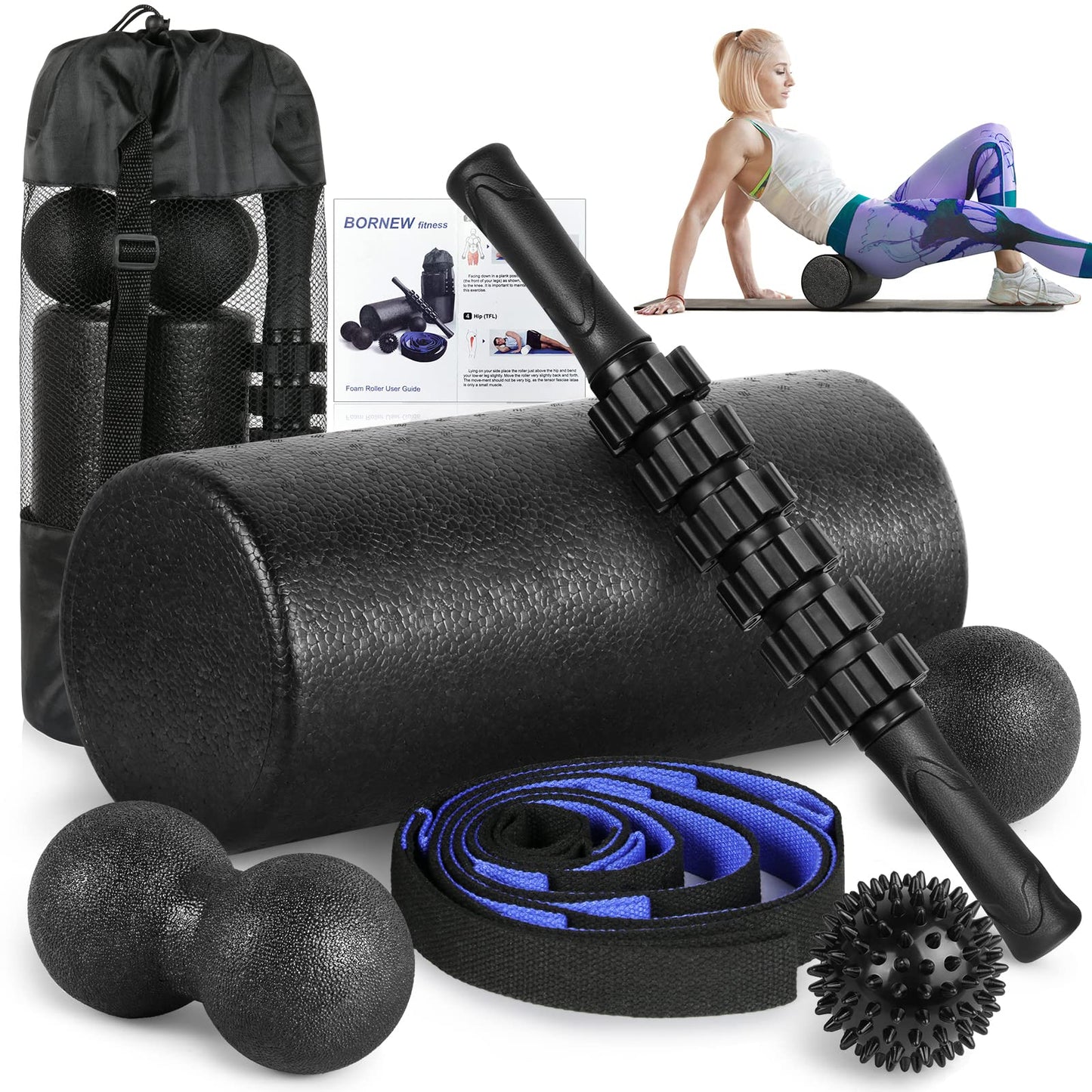 Foam Roller Set - High Density Back Roller, Muscle Roller Stick Stretching Strap