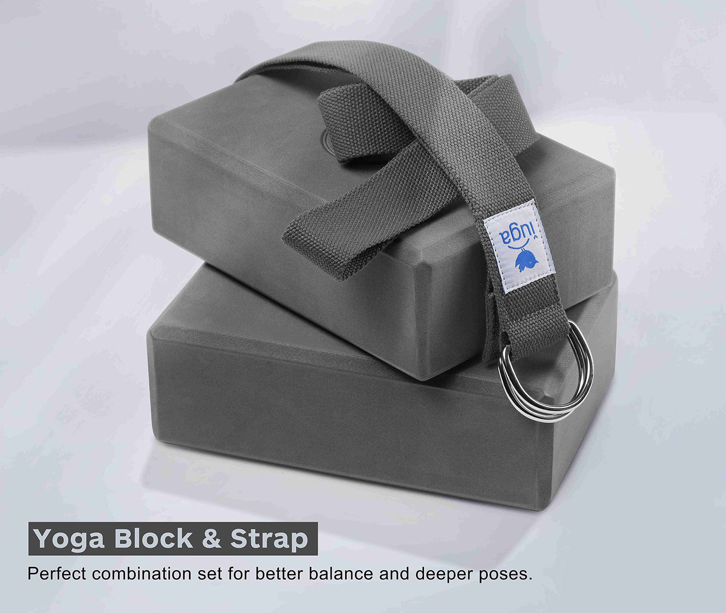 Yoga Block 2 Pack with Yoga Strap, High Density Yoga Blocks 9”x6”x3”to Improve