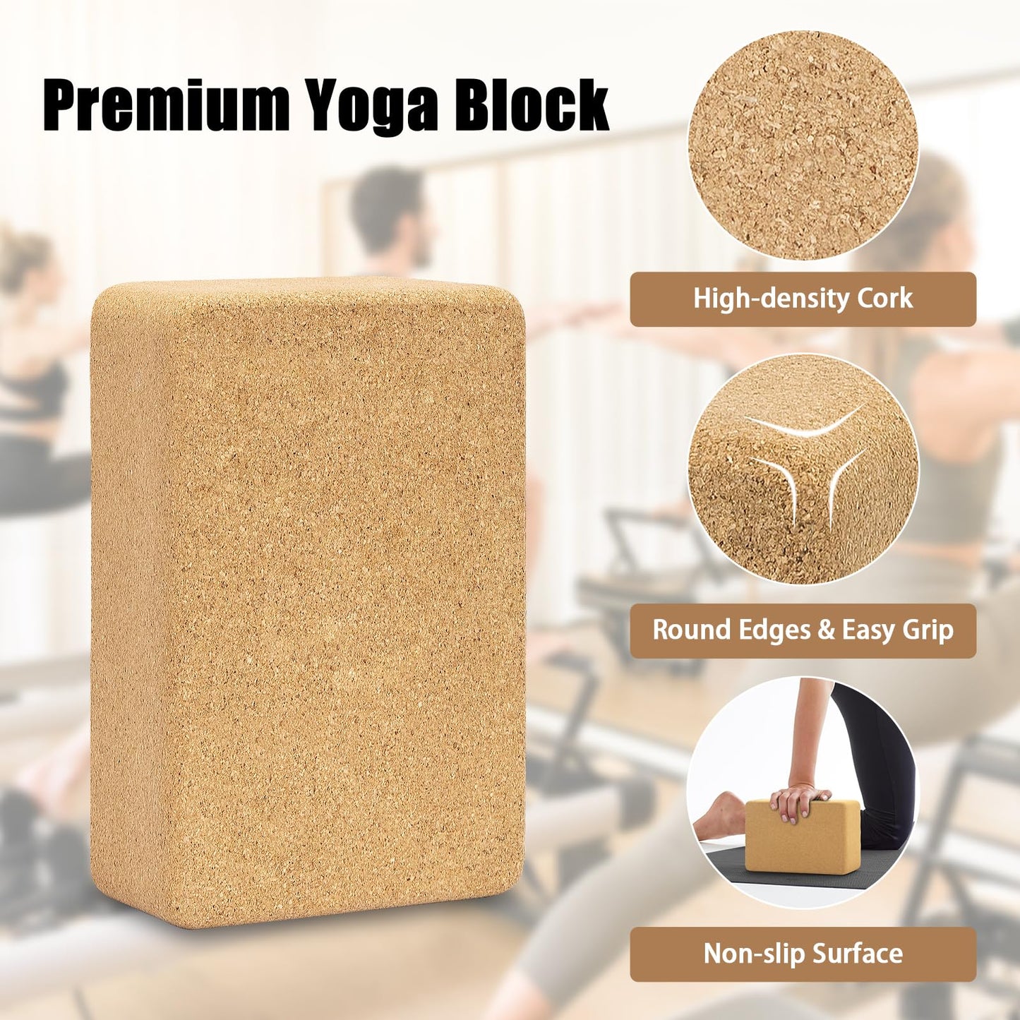 Cork Yoga Block, Natural Cork from Portuguese, Premium Brick 9"x6"x3"