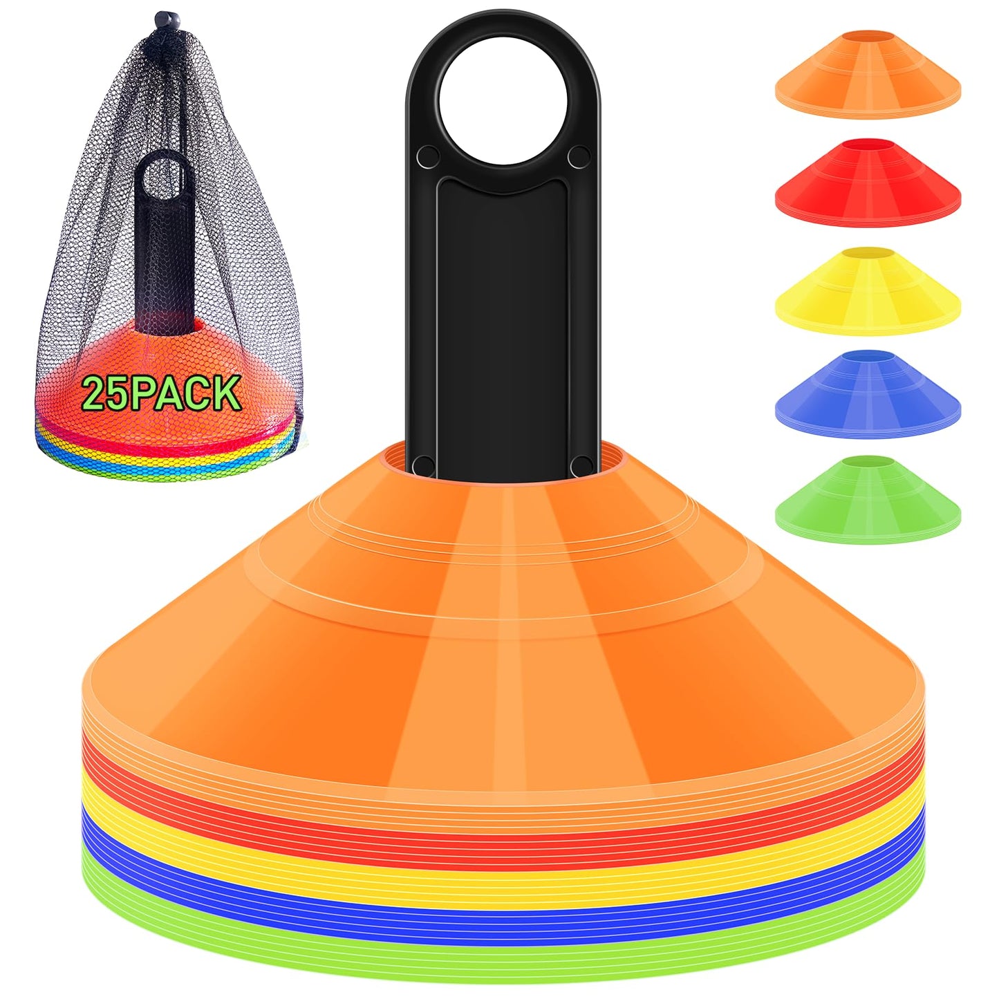 25 Pack Soccer Training Cones, Agility Disc Sports Cones with Carr